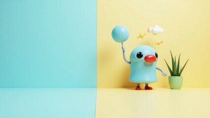 Sensory Overload. Cute blue bird holding balloon with small green plan