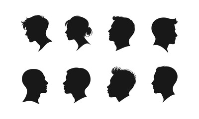 Male head silhouette set, profile icons of men with various hairstyles, vector black illustration, male profile, head silhouette, man icon, human head