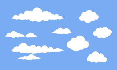 Cartoon clouds icons set. Vector flat weather clouds collection for kids app, cloudy landscape, blue sky, sky elements, flat design