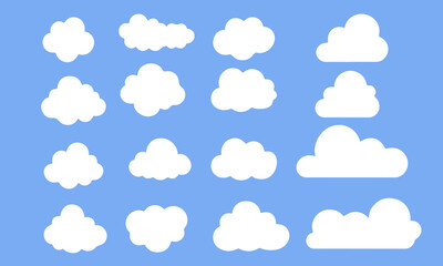 Cartoon clouds icons set. Vector flat weather clouds collection for kids app, cloudy landscape, blue sky, sky elements, flat design