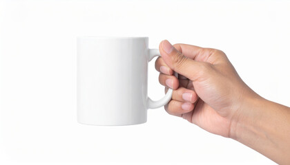 hand holding plain white coffee cup against clean background evokes sense of simplicity and warmth. This captures essence of enjoying hot beverage