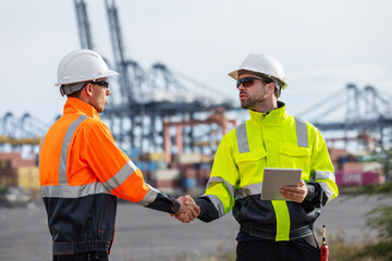 Two port authority officers wearing safety gear and helmets shake hands at a busy shipping port, signifying a successful agreement or partnership amid cranes and stacked cargo containers.