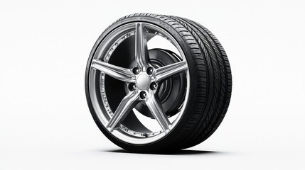 Obraz premium Silver Five-Spoke Wheel with Tire on White, Automotive , Rim