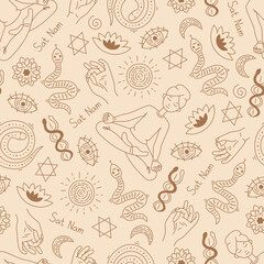 Kundalini Yoga Seamless Pattern Beige Spirituality Hinduism Background with meditation and sacred symbols in line art doodle style. Repeat vector illustration