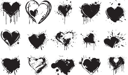 Set of grunge black graffiti heart vector illustrations with splatter and drip effects, ideal for edgy street art, punk designs, alternative fashion, or tattoo-inspired artwork.

