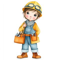 Fototapeta premium Charming children's book illustration of young builder in watercolor style for educational and decorative use