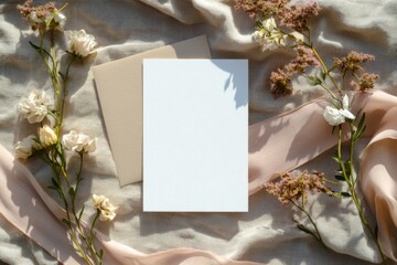 Elegant wedding invitation mockup on soft linen background   