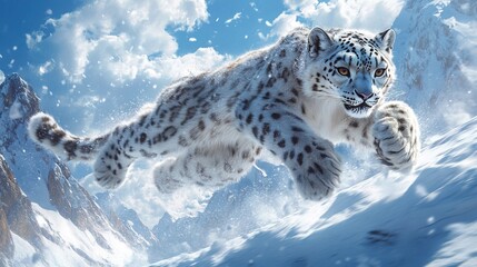 Fototapeta premium Snow Leopard Leaping Through Snowy Mountains