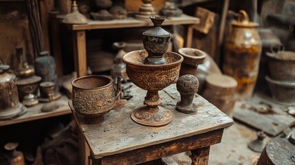 Antique metal cups and vessels with ornate carvings