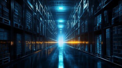 Obraz premium Futuristic Server Room Corridor with Bright Blue and Orange Lighting Effects