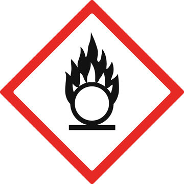 Oxidizing Material GHS Hazard sign, red diamond shape, GHS hazardous, chemicals that can oxidize and lose electrons, oxidizing substances and combustible substances, Oxidizing Warning Label. vector