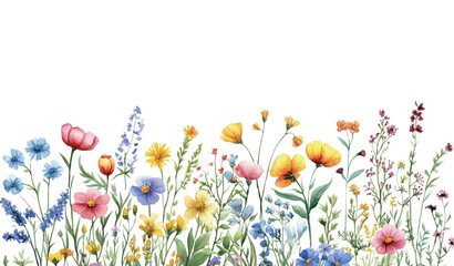 Banner with watercolor wildflowers and summer flowers. Various wildflowers and plants watercolor on a white background. Template for summer banners in rustic style, weddings, etc.