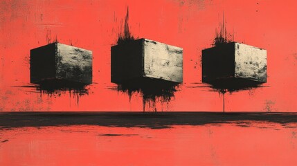 Three floating cubes on a red background