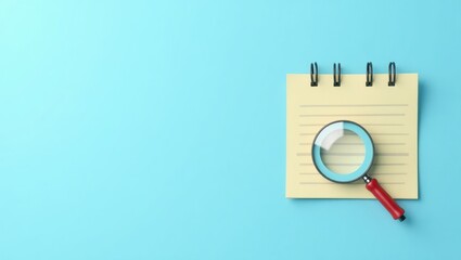 Seo Audit. Yellow notepad with magnifying glass on blue background sea