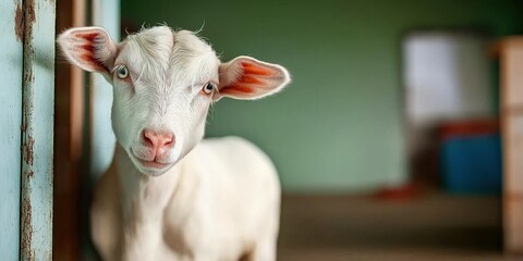 Obraz premium Adorable white goat in rustic barn setting with curious expression