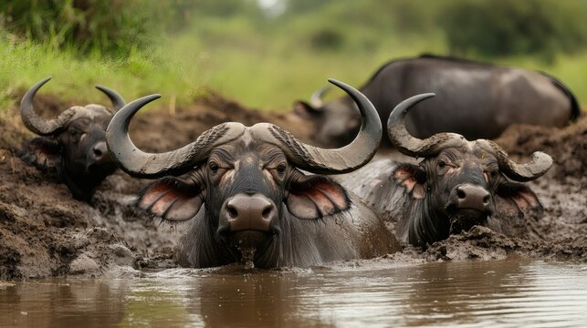 Cape buffalo herd wallowing mudhole, savanna background, wildlife photography