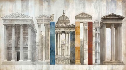 Timeless Architectural Heritage A Collection of Faded Grandeur and Colorful Accents Depicting Ancient Structures in Artistic Rendition