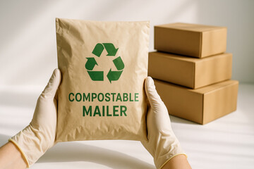 Gloved worker showcasing certified compostable shipping mailer featuring bold green recycle icon for sustainable ecommerce packaging and zero waste delivery solutions