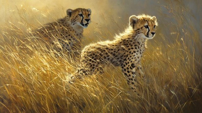 Cheetah cubs in tall grass, African savanna sunrise, wildlife photography for nature documentaries