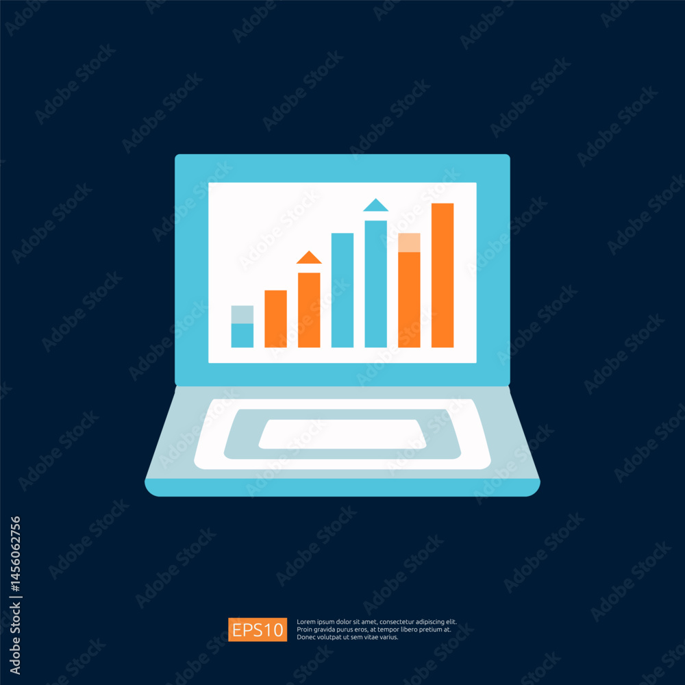 Poster laptop displaying colorful bar graphs and charts for business analysis and growth visualization in a