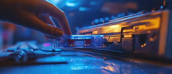 Human hand inserting floppy disk into disk drive, embodying digital archiving using vintage technology, illuminated by artificial light.