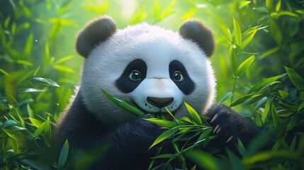 Fototapeta premium Happy Panda Eating Bamboo