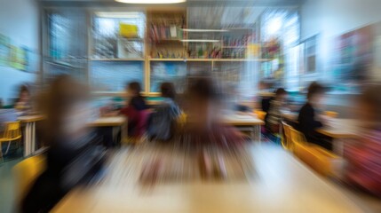 Children learning in classroom, bookshelves background, education concept