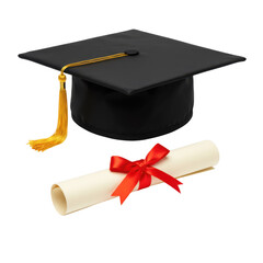 Graduation cap and diploma with red ribbon on white on transparent background