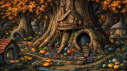 Fototapeta premium Enchanted autumn landscape showcasing a mystical treehouse nestled among pumpkins and flowers with a whimsical fairytale allure