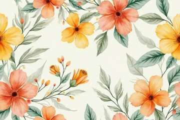 Seamless watercolor floral pattern with golden yellow, peach-orange, and coral flowers. 