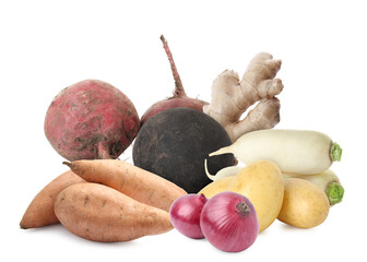Different root vegetables isolated on white. Onion bulbs, beets, potatoes, ginger, turnips
