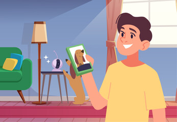 Pets gadgets. ip camera connection to dog owner smartphone. vector background