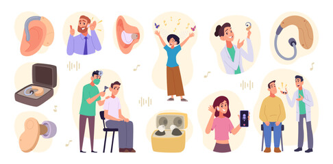 Hearing aid. Medical problems with ear of deaf persons exact healthcare concept illustrations deaf people social connection