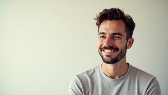 Sharedrop. Grow therapy Self-compassion Eating for mental health AI boyfriend Looks maxing coach Murf Kindbody PolyAI Smiling young man with beard gray shirt casual portrait hap