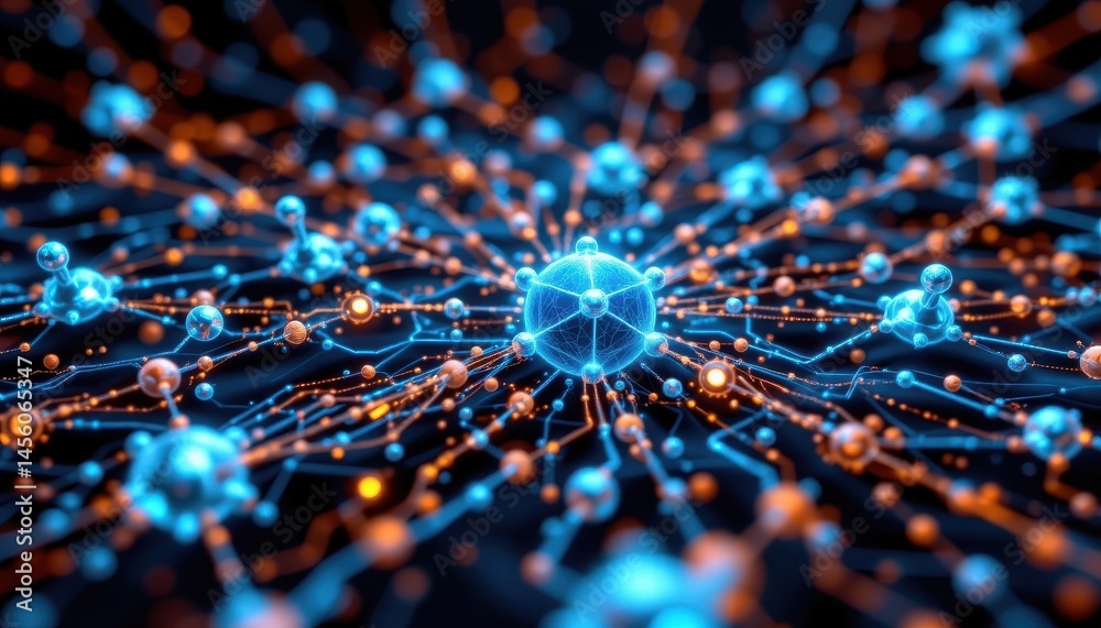 Poster a 3d illustration of a network of interconnected nodes and data streams, representing the complex co