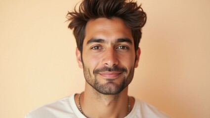 Fototapeta premium Shatavari. Looks maxing Men face serum Hair glossing wolf haircut AI boyfriend Non-surgical rhinoplasty Youth to the people Epycure Forte series Thursday dating app Smiling young man with dark and be