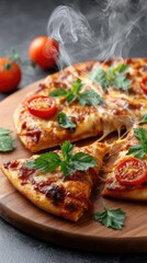 Mouthwatering pizza with smoke and vibrant toppings on a wooden board in a cozy pizzeria with rustic decor