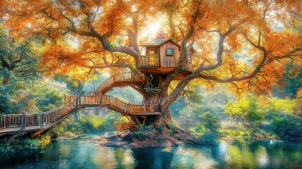 Whimsical treetop hideaway nestled amid vibrant foliage and tranquil waters a serene fairytale escape for nature enthusiasts