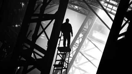 Industrial worker silhouette on ladder