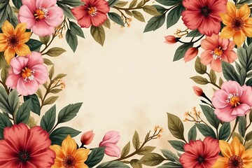 Fototapeta premium Warm floral invitation background in shades of rose pink, burnt orange, and deep red. 