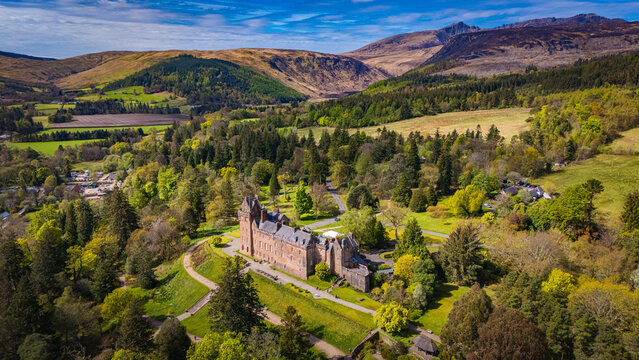 Brodick castle and gardens, Isle of Arran, Scotland. Landscape drone photo