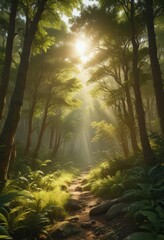 Obraz premium Golden sunlight streams through lush green canopy, illuminating forest floor , birch, botanical