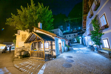 Hallstatt, Austria - September 2nd, 2021: Scenic Hallstatt city at night, a UNESCO World Heritage site known for its beauty and cultural significance