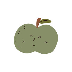 Cute green apple character in flat vector style playful minimalist fruit illustration perfect for children projects, stickers, or healthy food designs