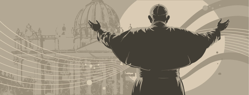 Blessing pope seen from behind, papal election, conclave &ndash; banner, poster, vector illustration