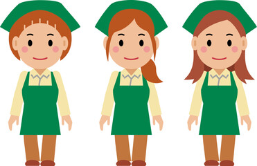 両手を下ろし、すまし顔の緑エプロンの若い女性。その2