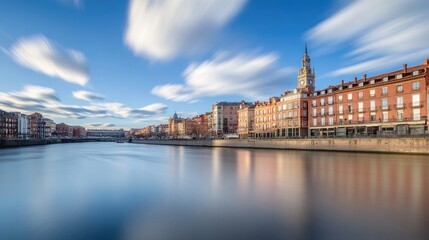 Fototapeta premium Riverside cityscape with long exposure water and clouds