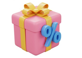Pink gift box with a blue percentage sign isolated on white background