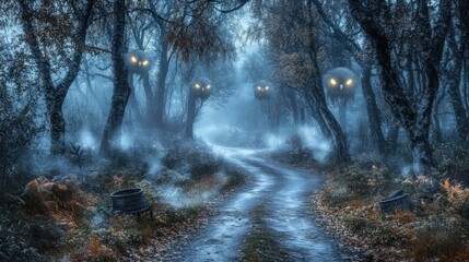 Obraz premium Foggy, woodland path with glowing entities.