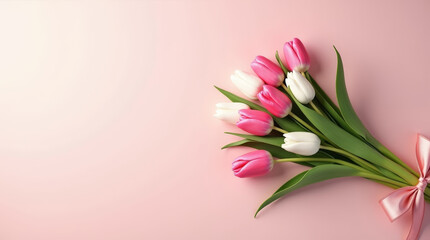 Fototapeta premium Pink and white tulip bouquet tied with satin ribbon on soft pastel pink background. Ideal for spring holidays, greeting cards, romantic and festive floral design